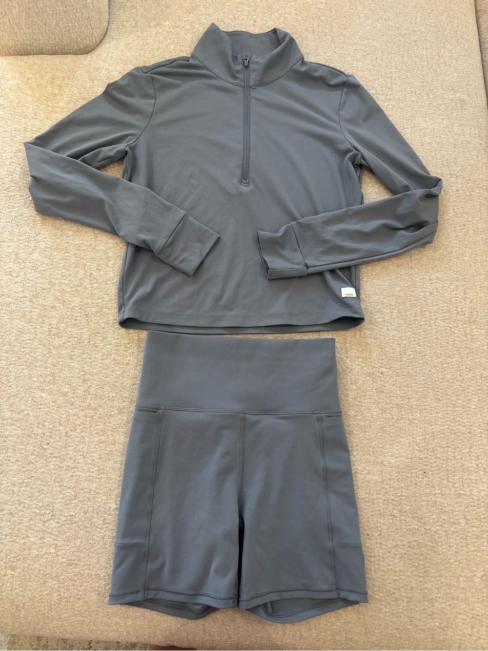 Vuori Slate gray/blue Bike Shorts with Matching Quarter-Zip Top